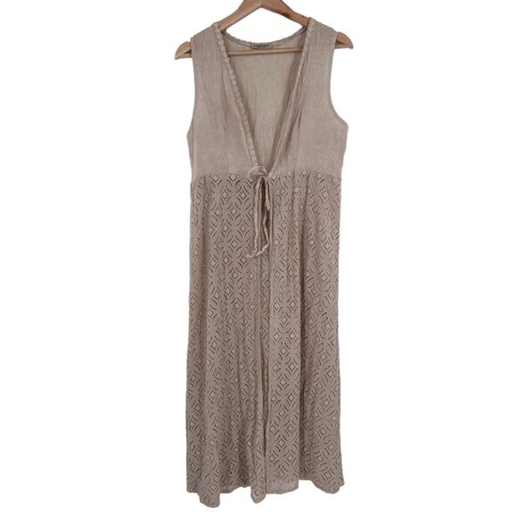 Valentina Naldi Duster Womens One Size Tan Linen Cover Up Sleeveless Tie Front - Picture 1 of 11